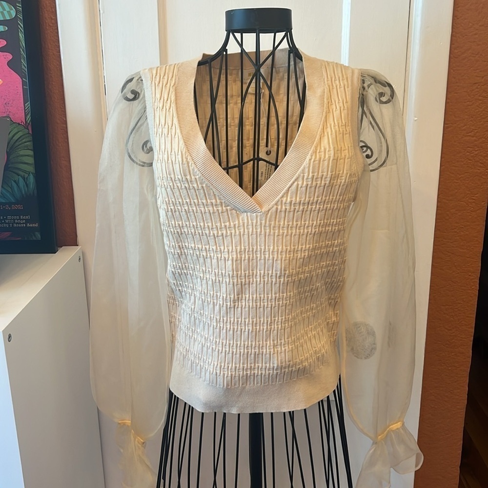 NWOT Anthropologie Maeve Women Knit Sheer Long Sleeve Cream Sweater Top-Size S